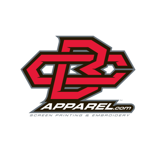 Logo of B&C Apparel with stylized red and black lettering and a tagline for screen printing and embroidery services.