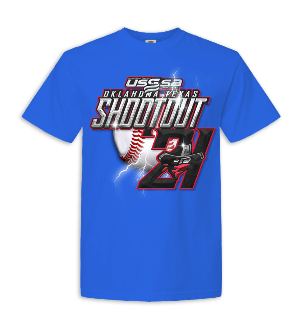 Blue T-shirt with a design celebrating a 2021 baseball game, featuring the USSSA logo, a baseball, and bold text reading 'Oklahoma Texas Shoutout 21' with lightning effects.