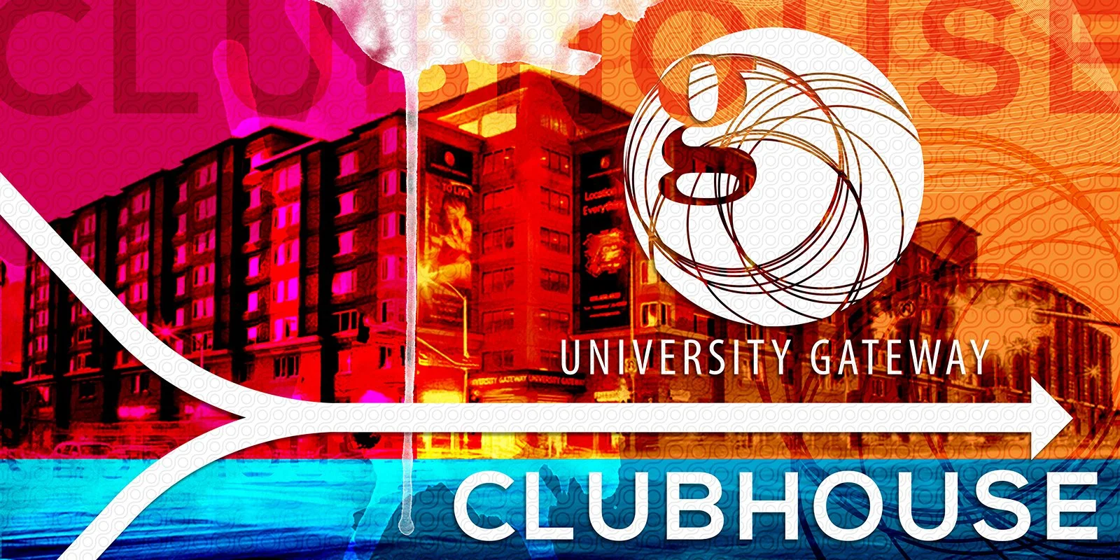 Digital collage featuring a city building, graffiti art, a ferris wheel, and text reading 'University Gateway Clubhouse' with colorful design elements.