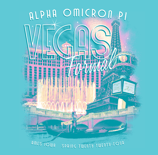 Illustration of Las Vegas cityscape with the Eiffel Tower replica and a fountain, advertising the Alpha Omicron Pi Vegas Formal in Ames, Iowa, Spring 2024.