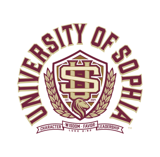 University of Sophia logo with a shield, a lion's head, and text reading 'Character, Wisdom, Favor, Leadership' around it.
