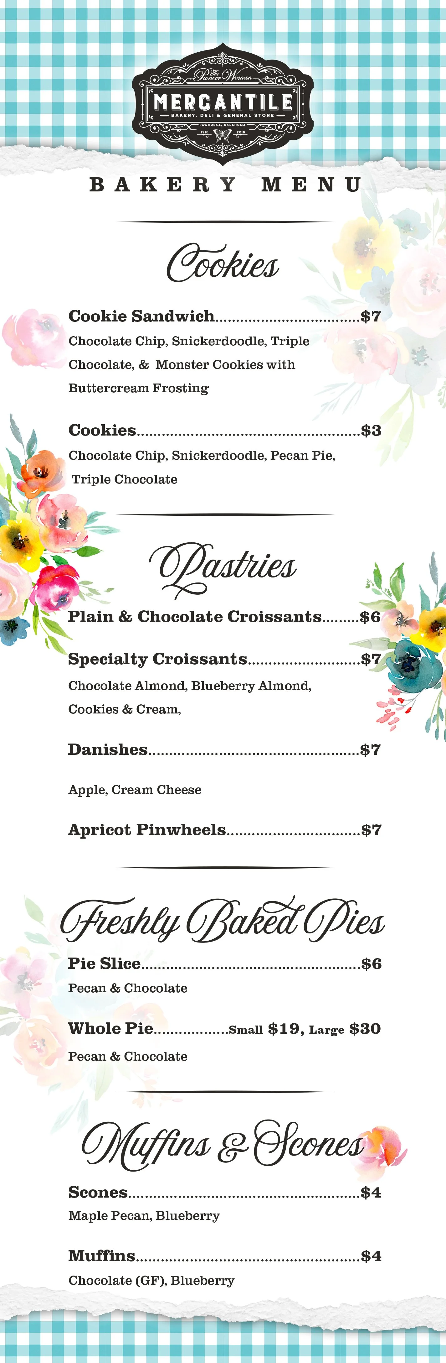 The Pioneer Woman. Bakery menu with floral accents on a white background, listing cookies, pastries, pies, muffins, and scones with prices.