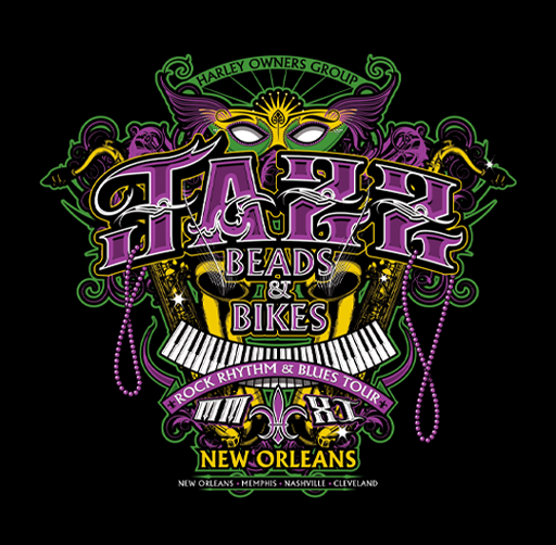 Harley Owners Group logo featuring a stylized Mardi Gras mask with purple and yellow colors, musical elements like a keyboard, and text promoting beads, bikes, and rock rhythm blues tour in New Orleans.