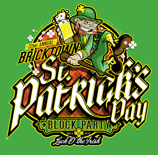 Colorful graphic design showcasing a leprechaun holding a mug of beer. Text announces the 22nd annual Bricktown St. Patrick's Day Block Party in Oklahoma City with festive shamrocks and green accents.