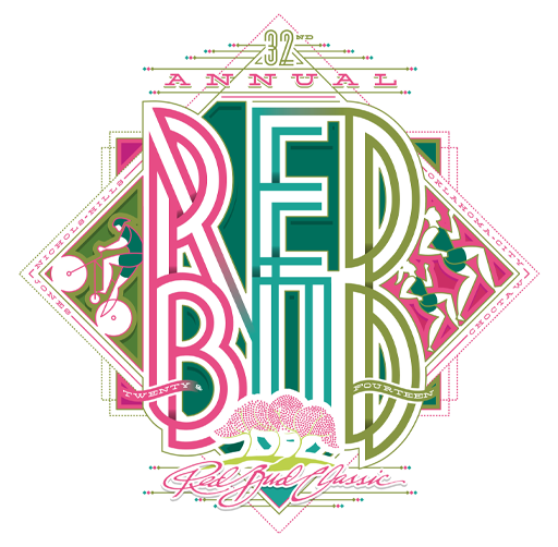 Design commemorating the 32nd annual RedBud Classic sports event with stylized text, a pink bird, and illustrations of athletes, promoting running and cycling.