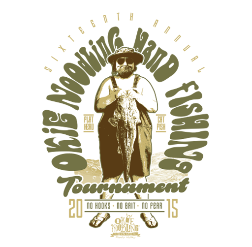 A man in a hat and sunglasses holding a large fish in front of him, with text around him promoting a fishing competition in 2015. Okie Noodling Event apparel.