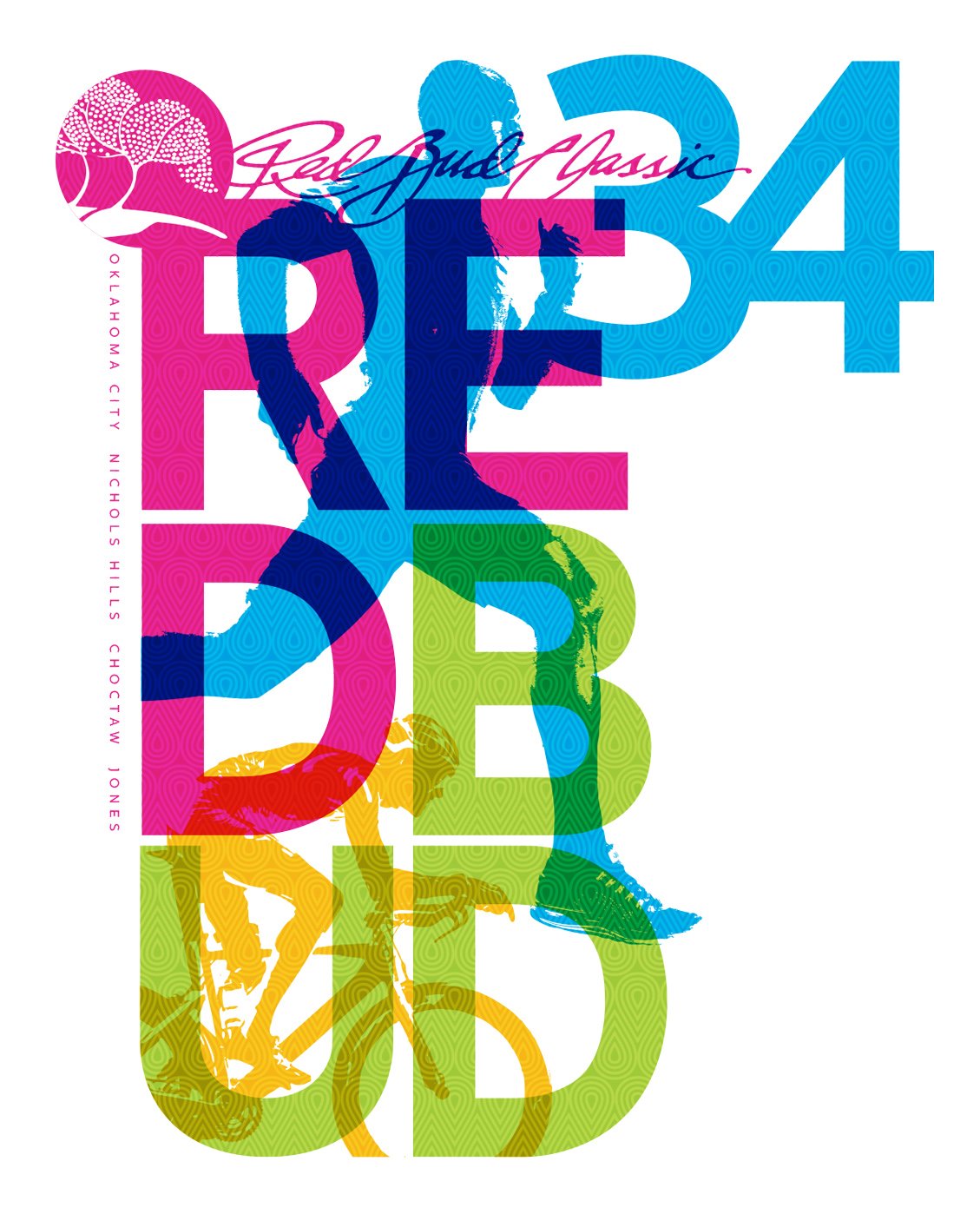Colorful graphic design with the words 'REDBUD Classic' and 'REDBUD' overlaid with silhouettes of men, a bicycle, celebrating fitness and outdoor activities. Local event in OKC.
