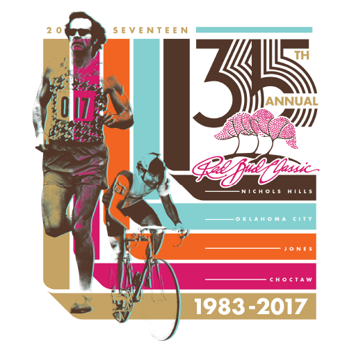 Event logo for the 35th annual Red Bud Classic in Nichols Hills, Oklahoma City, Jones, and Choctaw from 1983 to 2017. Features a man running, a cyclist, and a stylized pink tree with retro fonts and colorful stripes.