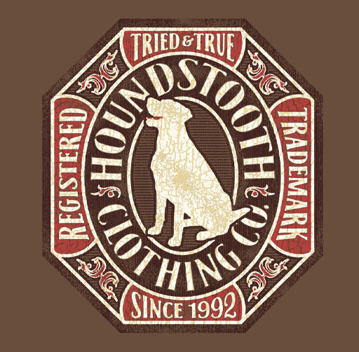 Apparel design for Houndstooth Clothing Co. vintage-style logo featuring a sitting dog silhouette with text around it that reads 'Youngstown Charcoal', 'Tried & True', 'Registered Hoarding', 'Trading Market', 'Since 1992'.