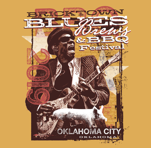 Poster for the Bricktown Blues, Brew & BBQ Festival in Oklahoma City, Oklahoma, featuring a man playing guitar, with the event name in bold text and a background with rustic colors and images.