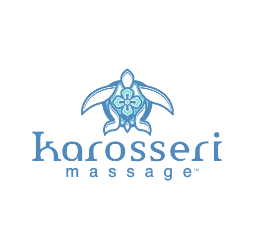 Logo for Karosseri Massage featuring a stylized turtle with floral details in blue shades.