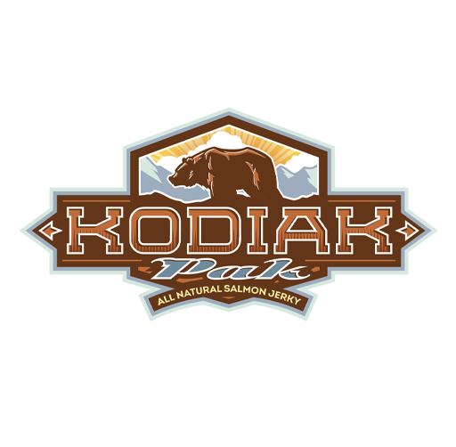KODIAK Peak All Natural Salmon Jerky logo with bear, mountains, sun, and stylized text.