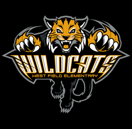 A sports logo featuring a wildcat with fierce expression, claws extended, with the text "WILDCATS" and "WEST FIELD ELEMENTARY".
