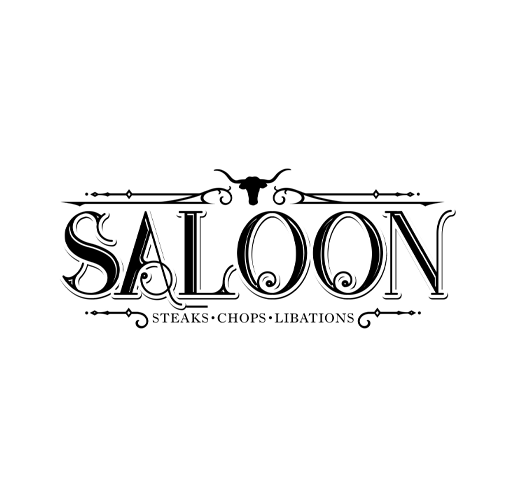 The Pioneer Woman Logo for a saloon featuring a longhorn skull and decorative lines, with the words "Saloon" and "Steaks, Chops, Libations" below.