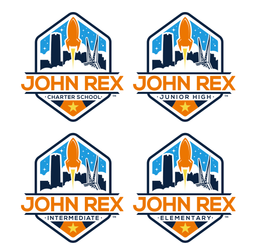 Logo for John Rex with images of a rocket, city skyline, and stars, indicating different school levels: charter school, junior high, intermediate, and elementary.