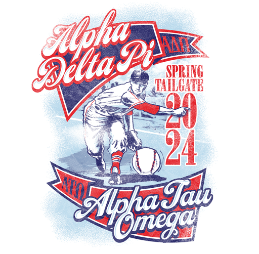 Vintage baseball-themed graphic design featuring a player in a uniform with a ball and glove, with the text 'Alpha Delta Pi', 'Spring Tailgate 2024', and 'Alpha Tau Omega'.