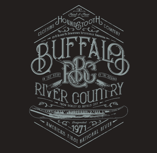 Apparel design for Houndstooth Clothing Co.,  black graphic design with white text promoting Buffalo River County, featuring a stylized river, a dog silhouette, and vintage-style lettering.