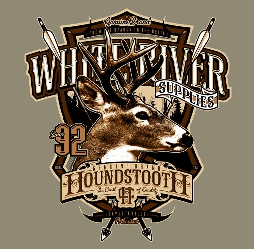 Apparel design for Houndstooth Clothing Co., detailed logo for Whitetail Supplies featuring a deer head with antlers, surrounded by banners and text highlighting the brand's authenticity since 1932 and located in Fayetteville, Arkansas.