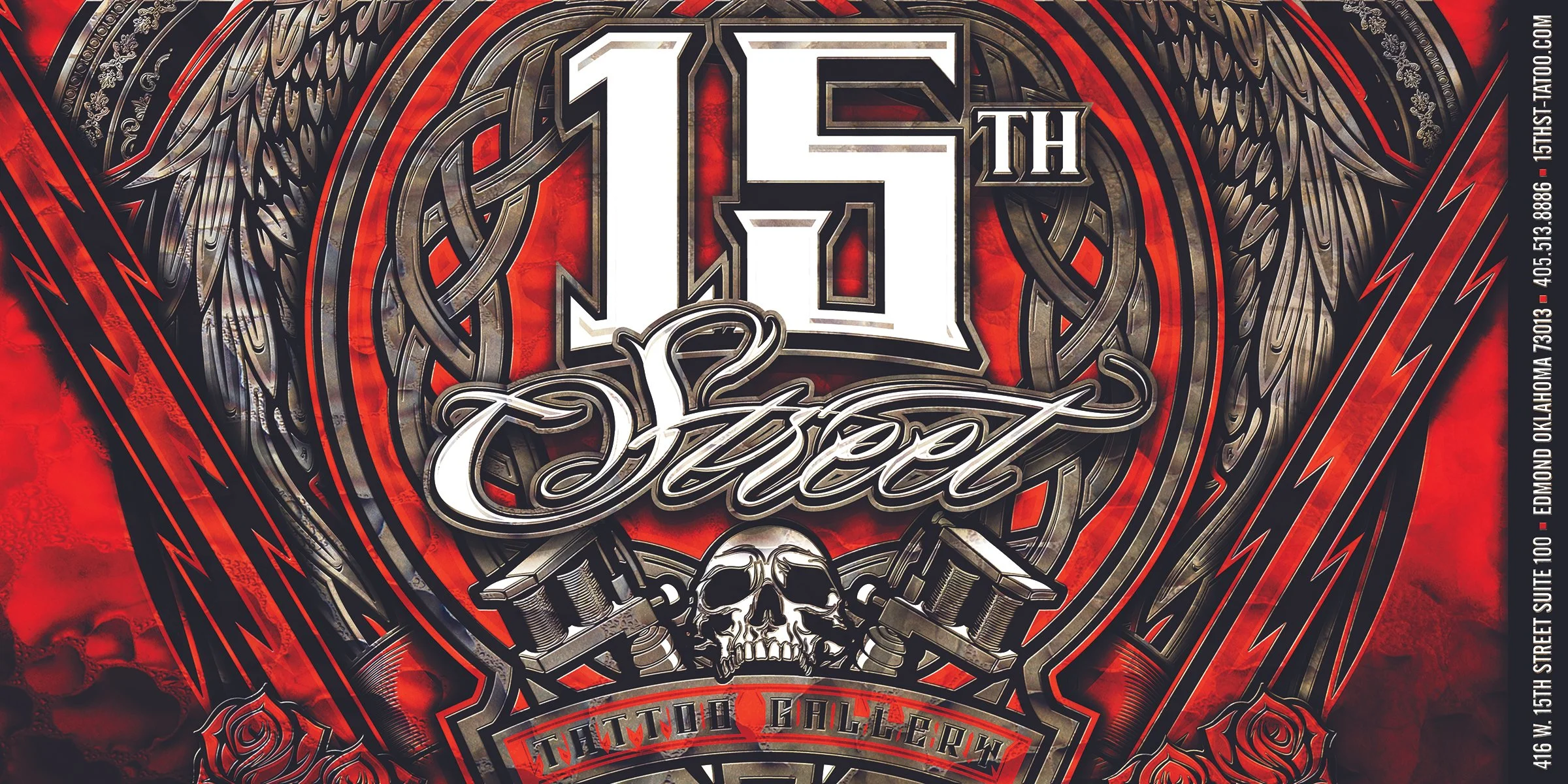 Design celebrating the 15th street tattoo studio, featuring a skull, roses, pistons, and decorative lettering with a red and black color scheme.
