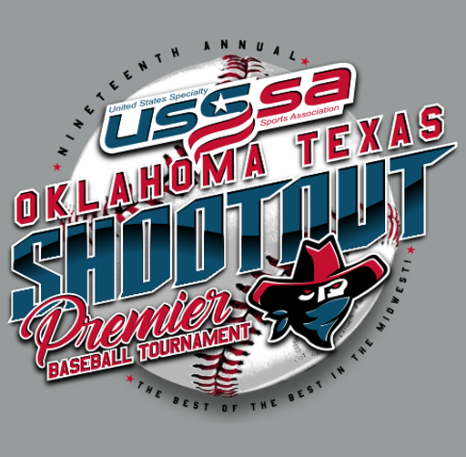 Apparel design for the 2024 USSSA Baseball Oklahoma Texas Showtime Premier Baseball Tournament, featuring a baseball, the USSSA Baseball logo, and a black panther with a red cowboy hat.