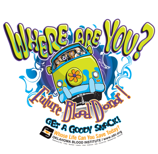 Apparel design with a cartoon bus and children inside, asking "Where Are You?" and promoting Oklahoma Blood Institute's blood donation drive with the tagline "Get a Goody Sack!"