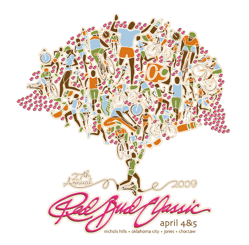 A colorful artistic illustration of a brain composed of various fitness and health-related icons, with event details for the 29th annual RedBud Classic held on April 4-5, 2009 in Nichols Hills, Oklahoma City, Jones, and Choctaw.