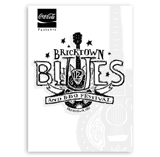 Event invitation for the Bricktown Blues and BBQ Festival in Bricktown, Oklahoma, celebrating 12 years, presented by Coca-Cola, featuring a guitar and decorative design elements.