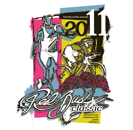 RedBud Classic colorful poster for a charity bike ride event, featuring a cyclist, a running person, a tree with pink flowers, and event details including date, location, and logos.