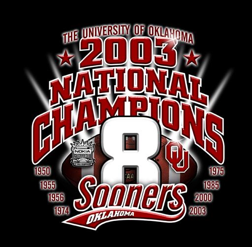 Apparel design celebrating the University of Oklahoma's 2003 national football championship with text and symbols, including the number 8 and references to years from 1950 to 2003.