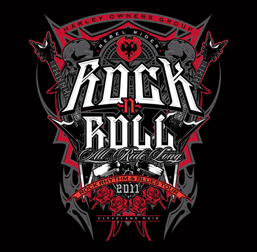 Apparel design and event logo for "Rock & Roll" in stylized fonts. The design includes guitars, skulls, roses, and banners with words like "Harley Owners Group" and "Rock Rhythm & Blues Tour." Located in Cleveland, Ohio