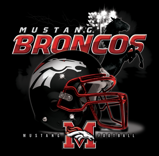 Apparel design featuring the Mustang Broncos football team, including a black helmet with a white horse logo, a red football helmet, and the team's name in bold red and white letters, with an additional logo of a horse head in the background.