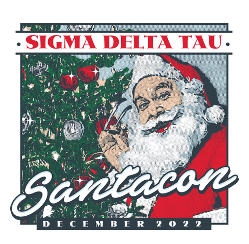 Apparel design of Santa Claus holding a candy cane, with a decorated Christmas tree in the background, and text reading 'Sigma Delta Tau' at the top and 'Santacon December 2022' at the bottom.