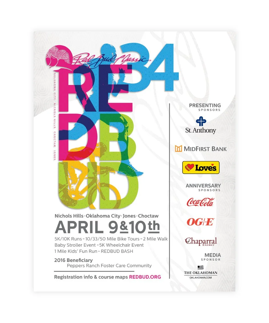 Flyer for REDBUD Classic 34, a community event in Oklahoma with runs, bike tours, and family activities on April 9 and 10, 2016, benefiting Peppers Ranch Foster Care.