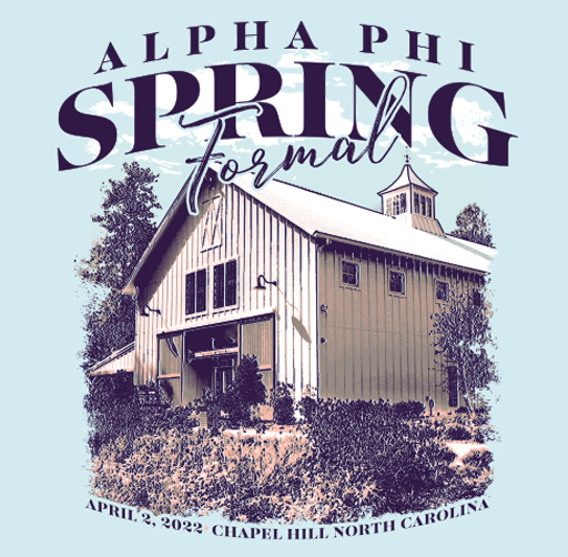 Apparel design illustration of a barn with trees and shrubs in North Carolina, promoting Alpha Phi Spring Formal on April 2, 2022, at Chapel Hill.