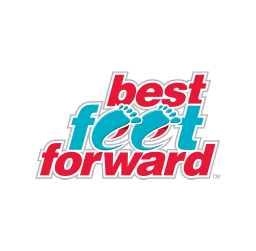 Logo for Best Foot Forward featuring the words 'best', 'feet', and 'forward' with blue footprints integrated into the design.