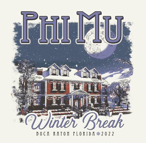 Apparel design of winter scene of a large house covered in snow, with Christmas lights and decorations, under a moonlit sky with stars and snowflakes, an event called 'Winter Break' at Pi Mu in Doca Nation, Florida, 2022.