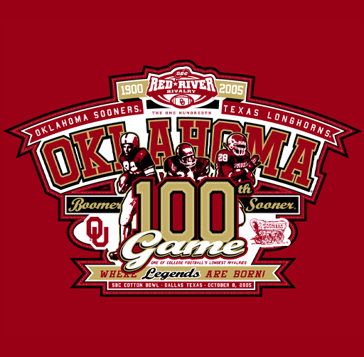 Apparel design for the Oklahoma Sooners' 100th football game, featuring football players, team logos, and historic references.