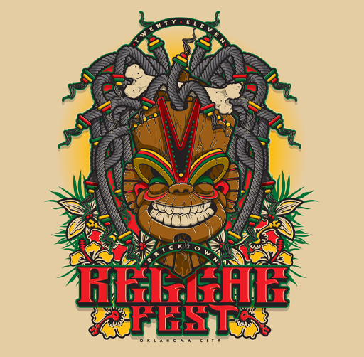 Colorful graphic for the OKC Bricktown Reggae Fest with a smiling face mask, dreadlocks, and various decorative elements.