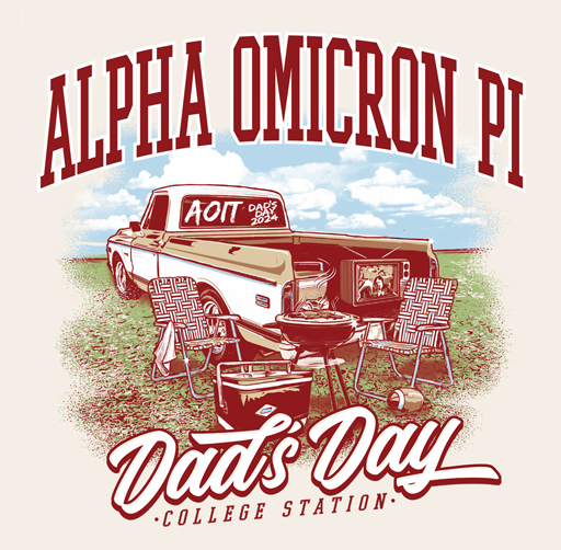 Illustration of a pickup truck with outdoor chairs, a barbecue grill, and a cooler in a field under a partly cloudy sky, celebrating college parents' day for Alpha Omicron Pi sorority.