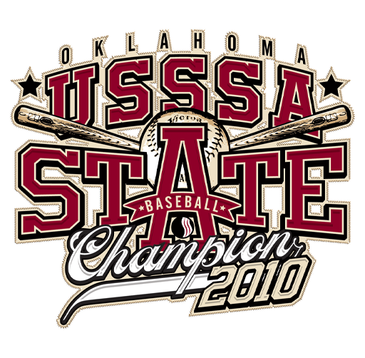 Apparel design celebrating the USSSA' 2010 state baseball championship, featuring the words 'Oklahoma', 'USSSA', 'State', 'Champions', and the year 2010, with baseball bats crossing behind a baseball and decorative stars.