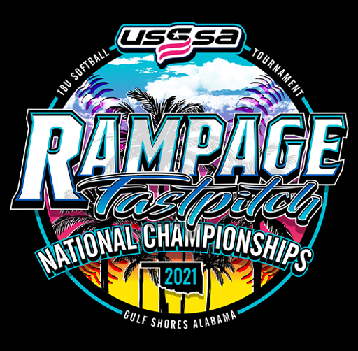 USSSA Apparel design for the 2021 USA Ramage Tastitch National Championships, an 18U softball tournament held in Gulf Shores, Alabama, featuring palm trees, a sunset, and patriotic design elements.