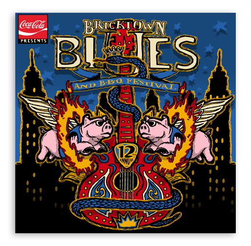 Event poster for Bricktown Blues and BBQ Festival featuring flaming pigs with guitar bodies and city skyline in the background.