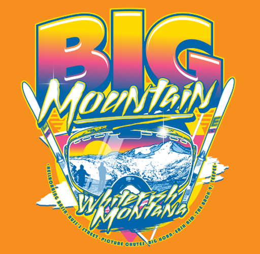 Apparel design of colorful graphic logo for Big Mountain, featuring a snow-capped mountain, ski goggles, and stylized text, against an orange background.