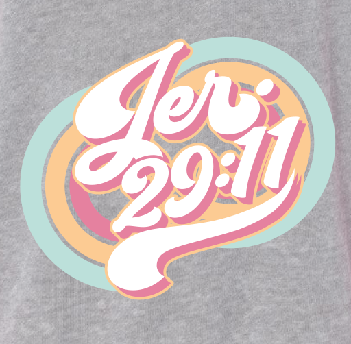 Apparel design with the text 'Jeri 29-11' in stylized pink and white font on a multicolored oval background.
