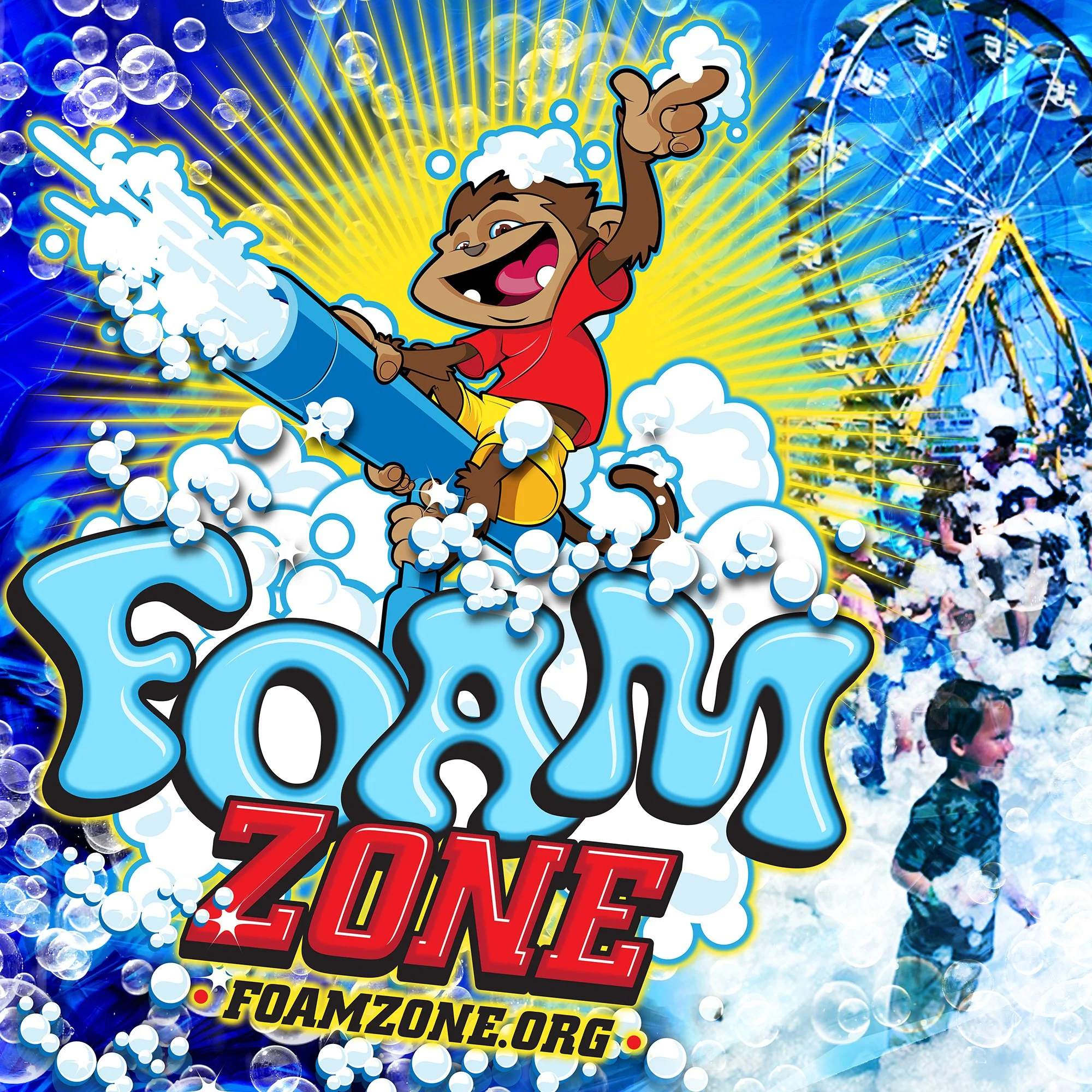 A cartoon monkey riding a blue foam rocket with bubbles around it, set against a background of a water and foam splashes, promoting foamzone.org.