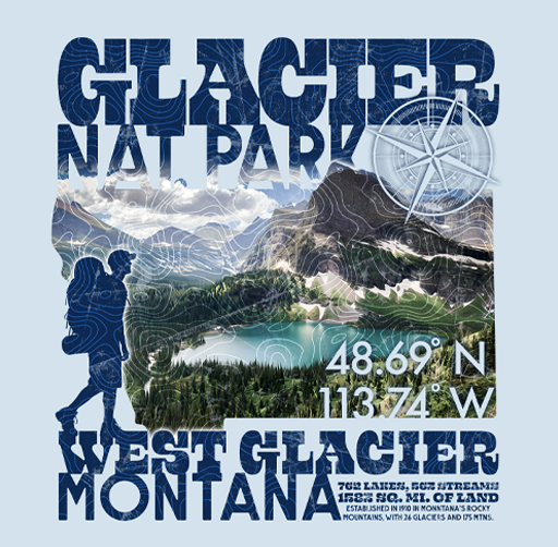 Apparel design for Glacier National Park, West Glacier, Montana, including a mountain landscape, a hiker silhouette, and a compass rose