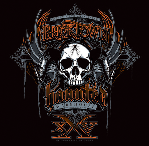 Design featuring a skull with large curled horns, gothic elements, and the text 'Bricktown Haunted Warehouse 25th Anniversary, Oklahoma City, Oklahoma' in orange and gray colors.