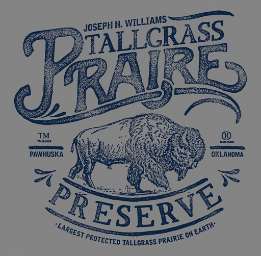 Apparel design for Pioneer Woman for Tallgrass Prairies Preserve featuring a bison illustration, with text indicating it is the largest protected tallgrass prairie on earth, located in Oklahoma.