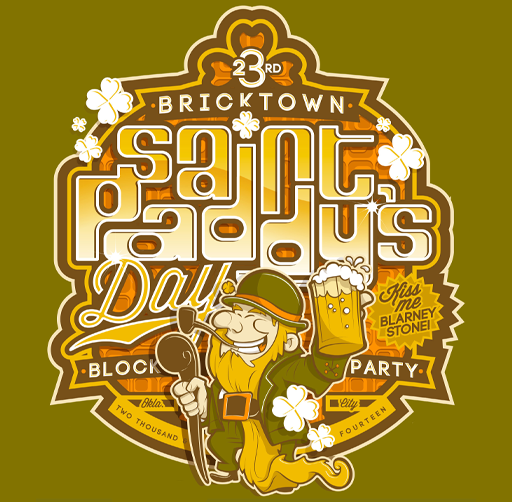 A festive graphic celebrating Irish Day with a leprechaun holding a beer mug, surrounded by shamrocks, and text promoting a block party on St. Patrick's Day at Bricktown, OKC.