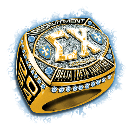 Gold fraternity ring with blue and silver details, engraved with the words 'Recruitment, and 'Delta Theta Chapter', Sigma Chi.
